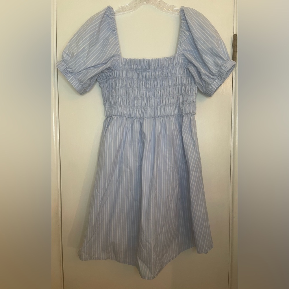 Celebrity Pink Sky Blue & White Striped Babydoll Rouched Bodice, Cotton, Size L